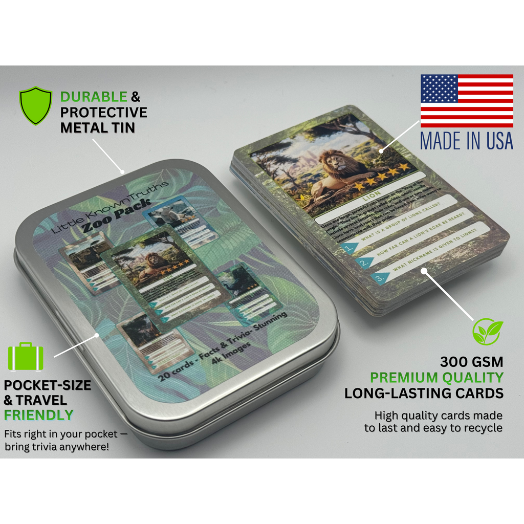 Zoo flashcards with pack in a metal tin with text highlighting features like durability, travel friendliness, and made in USA.