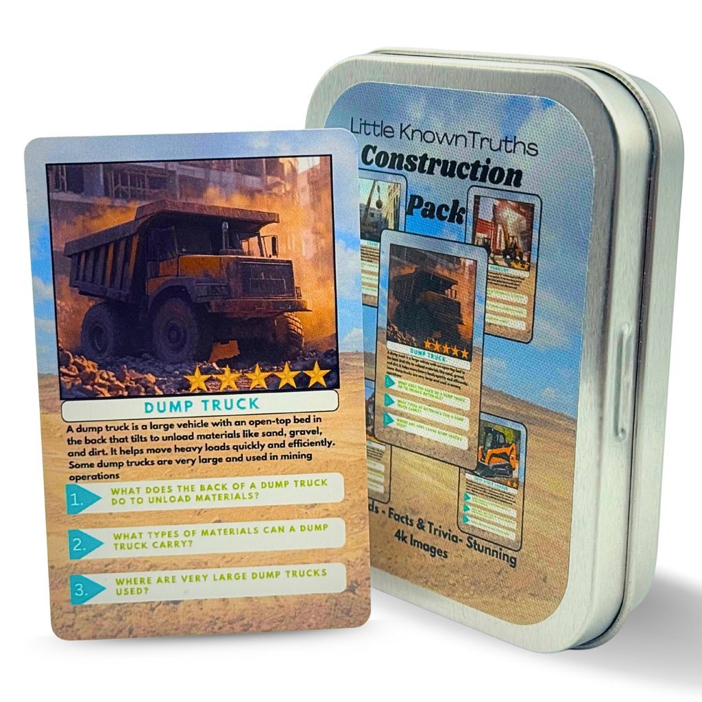 Card game pack titled 'Little Known Truths Construction Pack' with a dump truck card on a white background