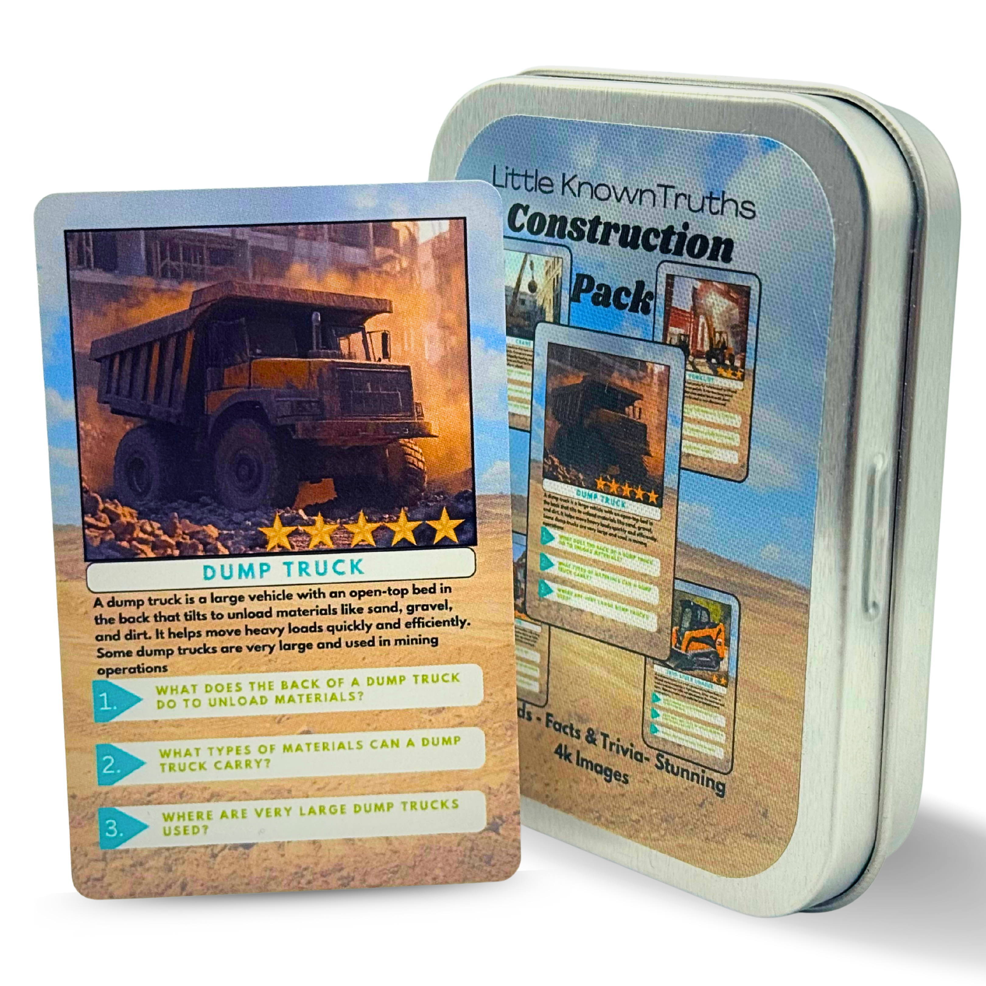 Card game pack titled 'Little Known Truths Construction Pack' with a dump truck card on a white background
