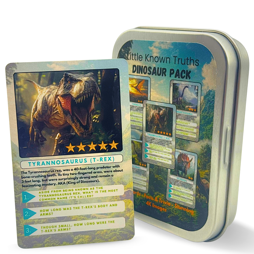 Dinosaur-themed trading card game with a tin box on a white background