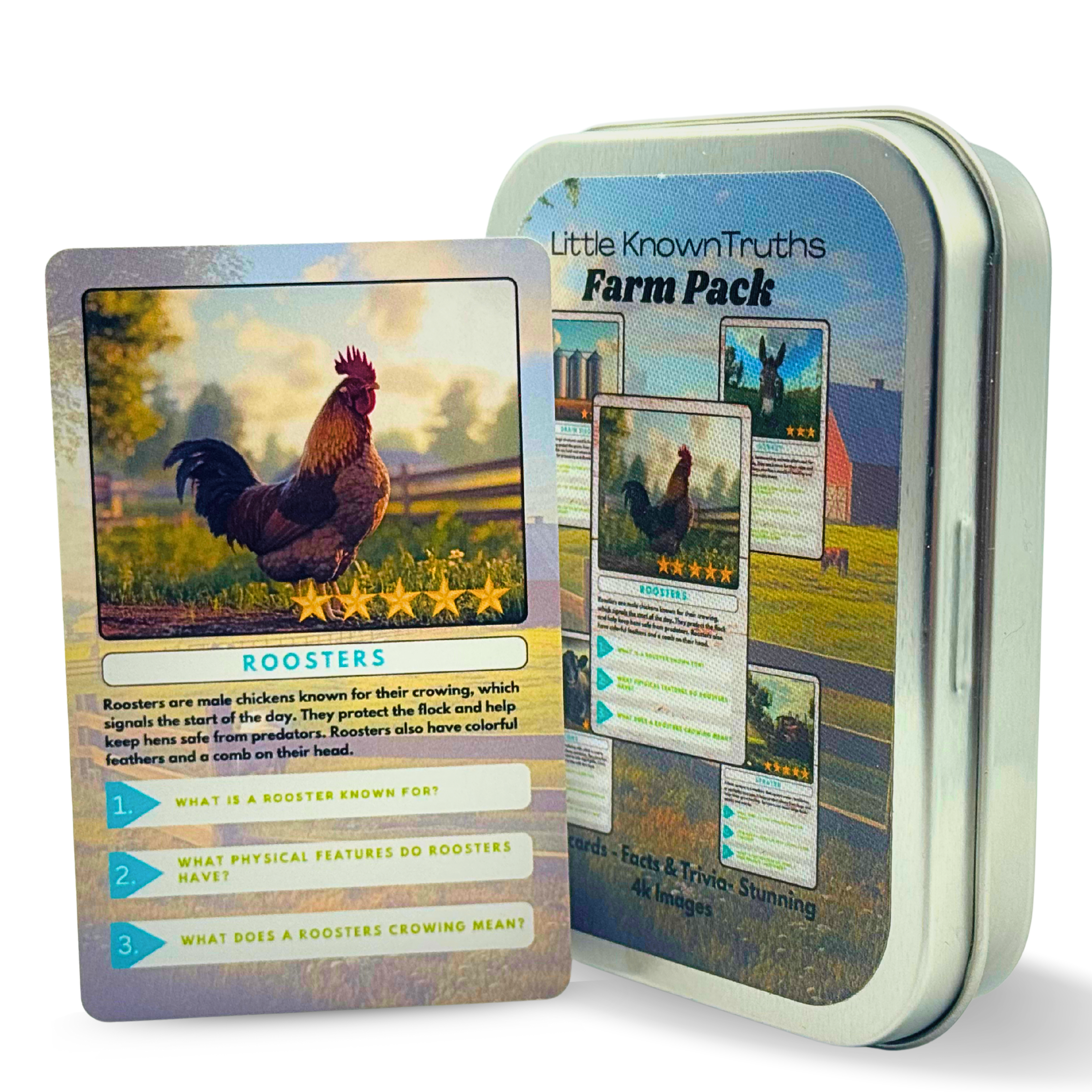 Card game packaging with rooster & Farm illustrations and 'Little Known Truths Farm Pack' text on a white background