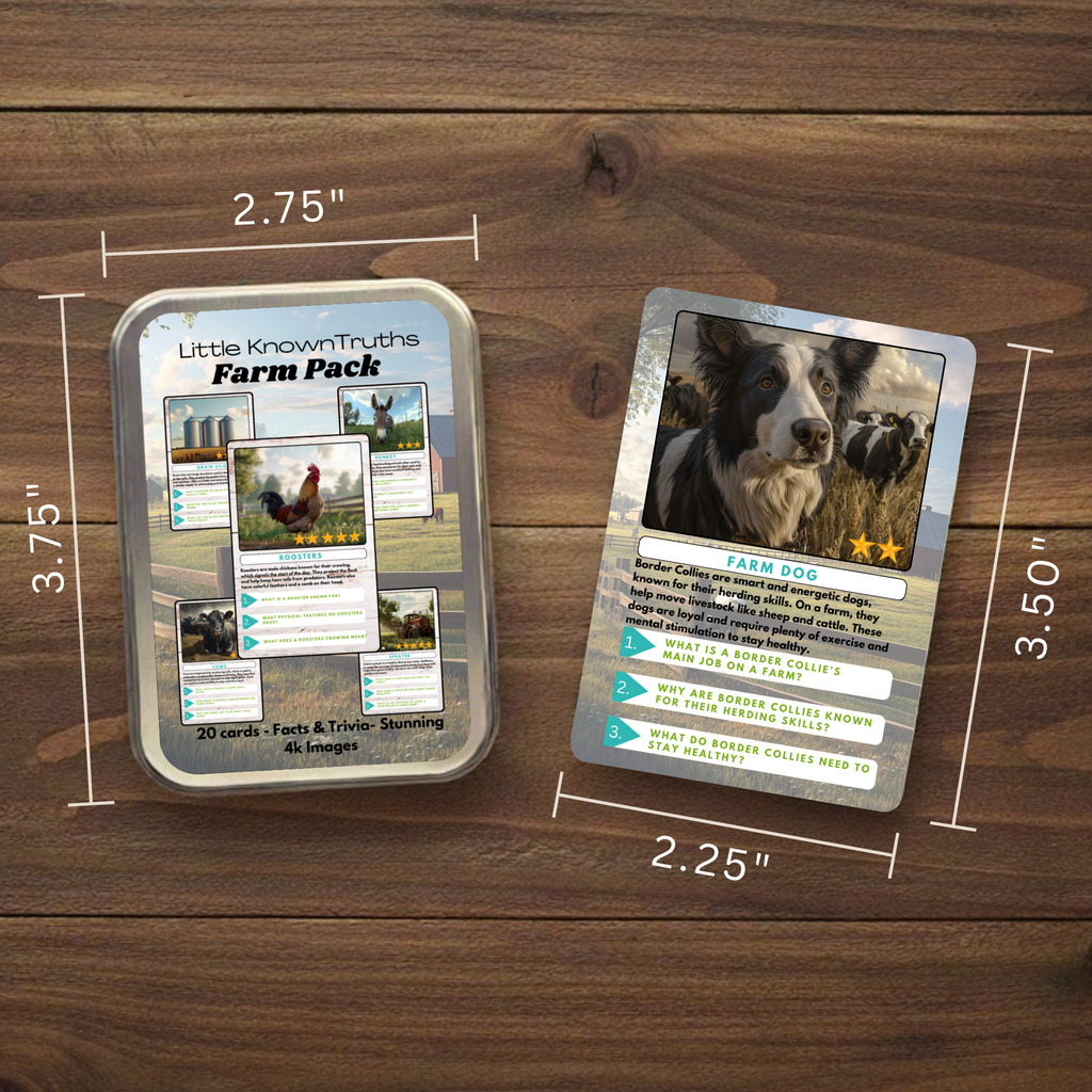 Two trading cards from 'Little Known Truths' on a wooden surface with measurements. Featuring a Border Collie Farm Dog