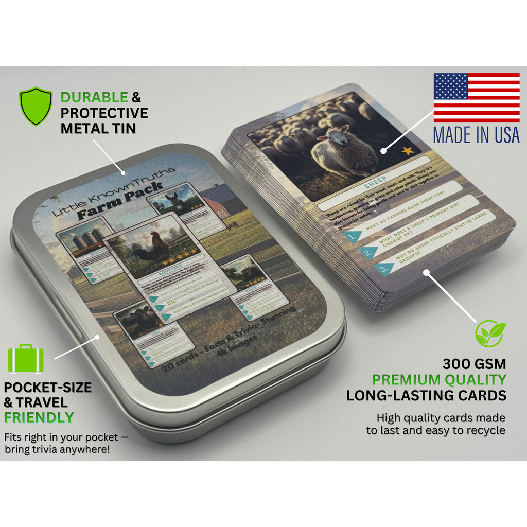 Metal tin with trading cards labeled 'Little Known Truths Farm Pack' on a gray background. Made in USA