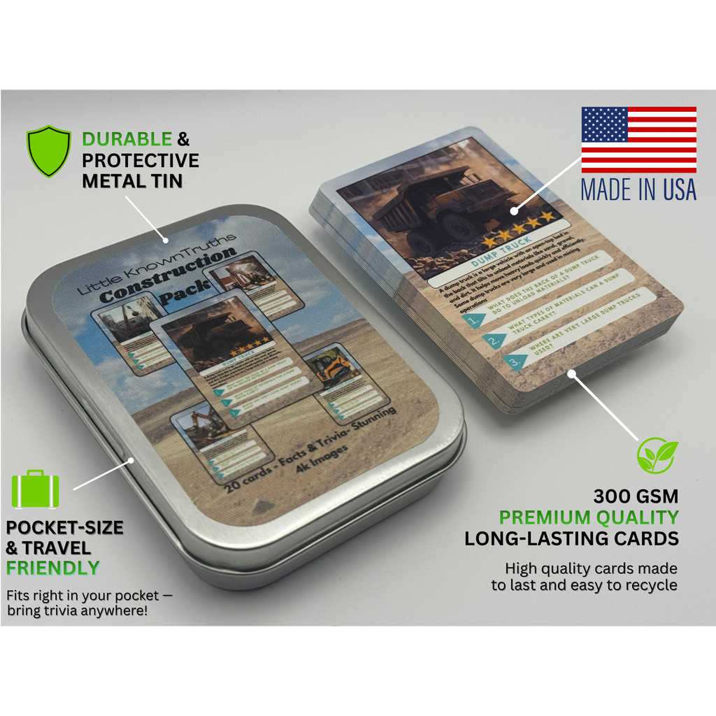 Card game packaging with metal tin and cards, highlighting durability and travel friendliness. Made in USA