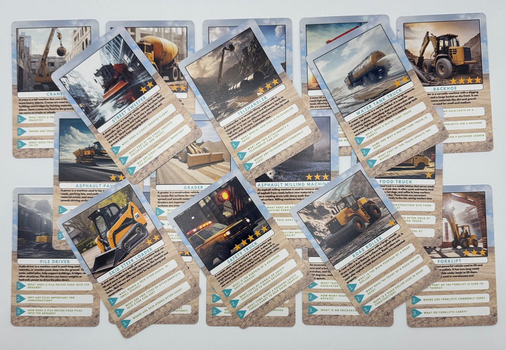 Collection of trading cards featuring construction vehicles on a white background