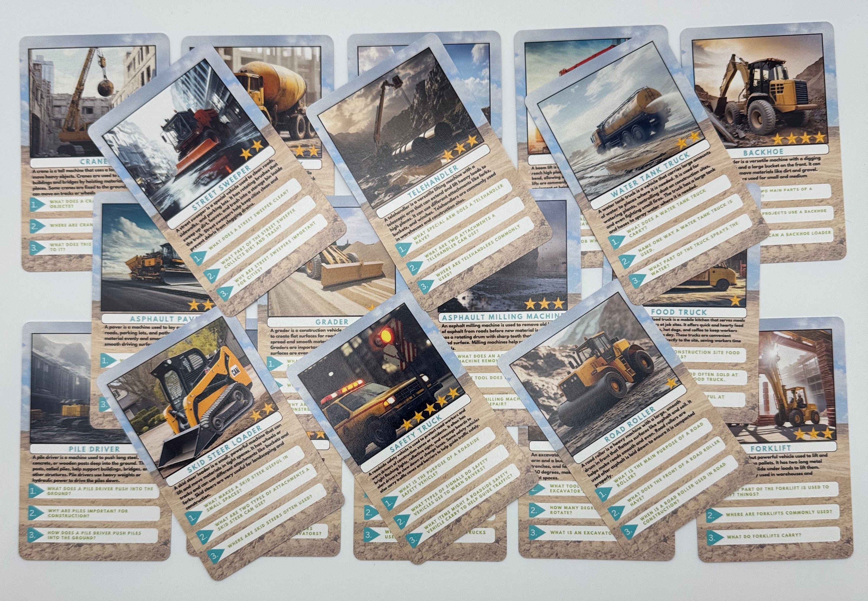 Collection of trading cards featuring construction vehicles on a white background