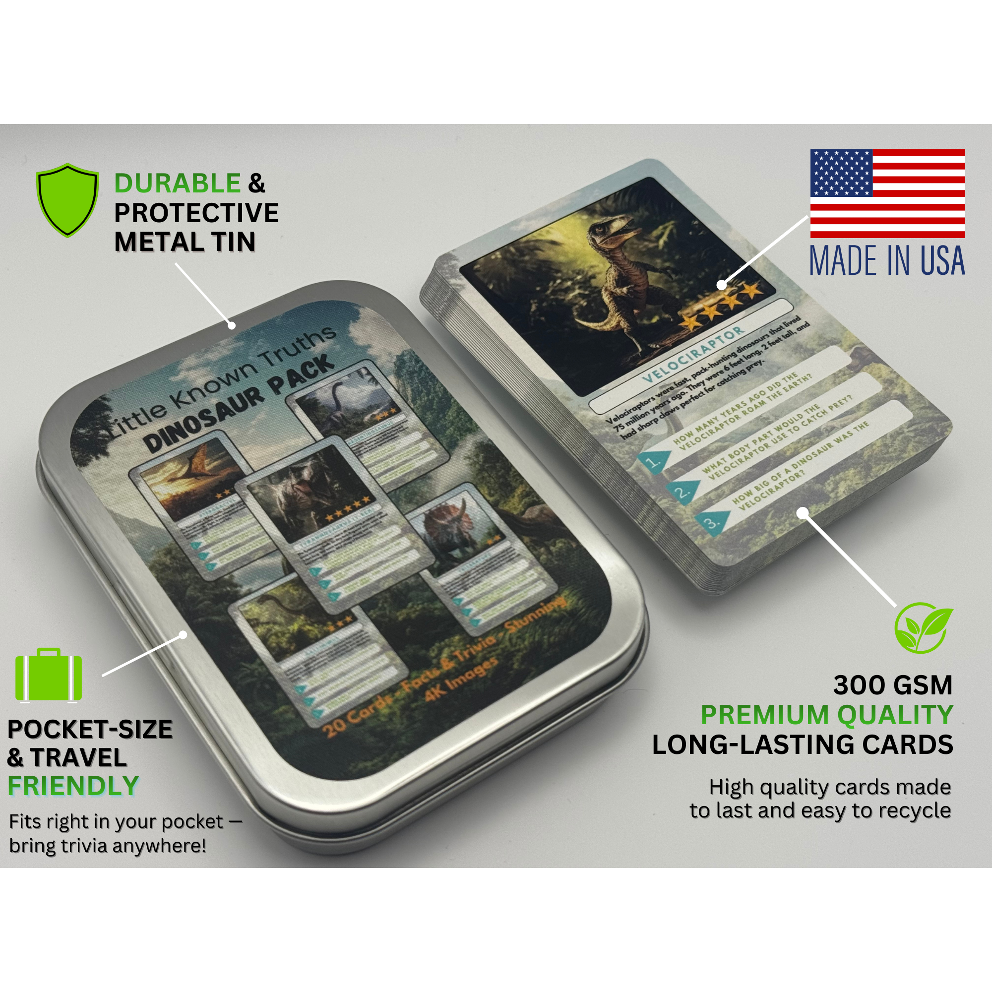 Dinosaur Card game packaging with metal tin and cards, highlighting durability and Made in USA.