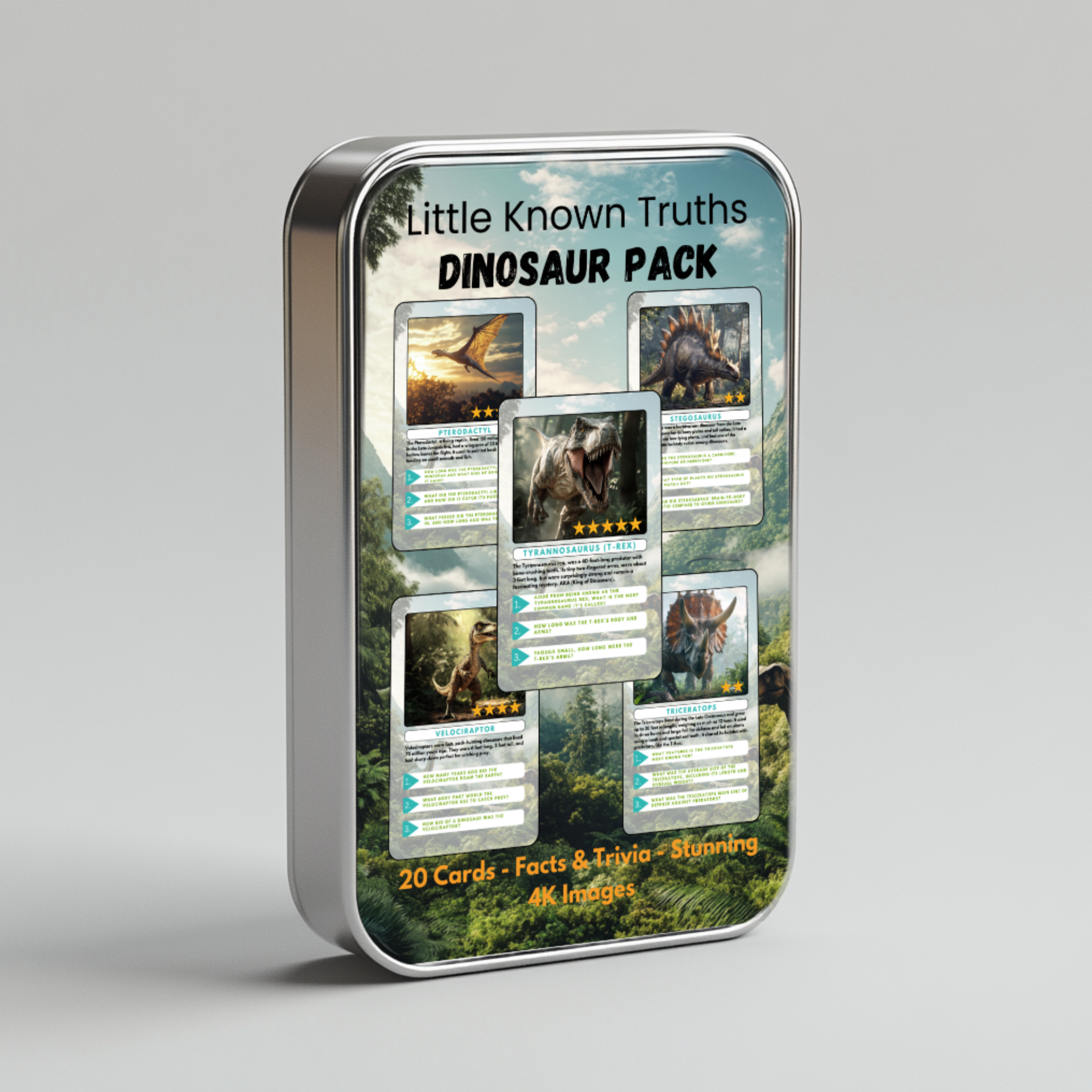 Tin packaging for a 'Little Known Truths Dinosaur Pack' with images of dinosaur fun facts
