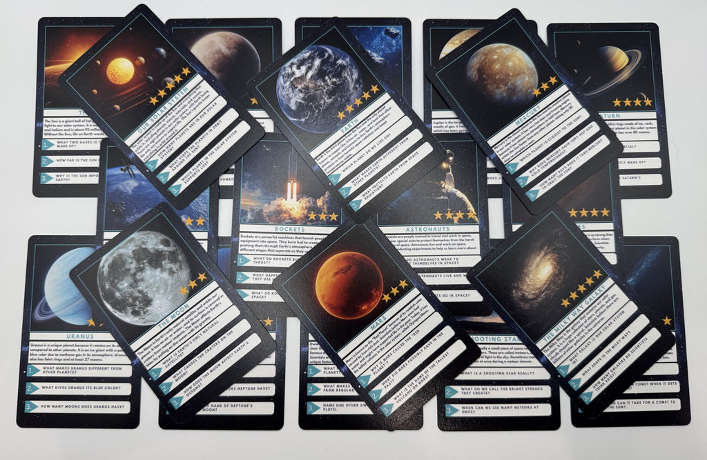 Collection of space-themed trading cards on a white background