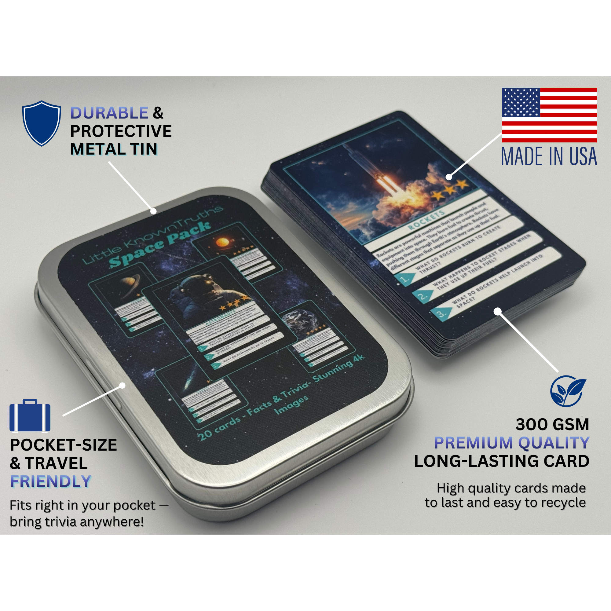 Space-themed trading card pack with metal tin, made in USA, durable, and travel-friendly.