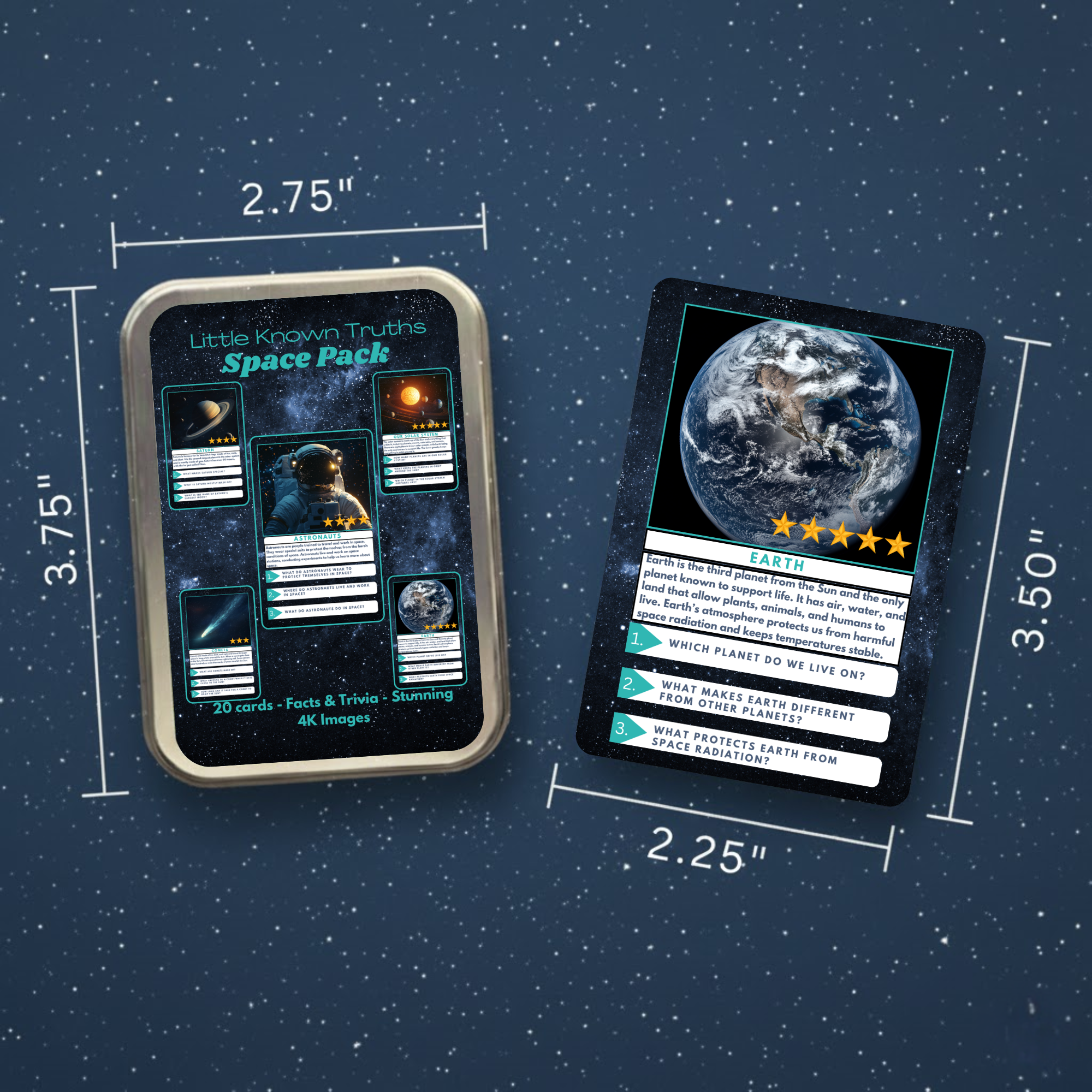 Space-themed card pack with cards and a tin, shown with measurements on a starry background.