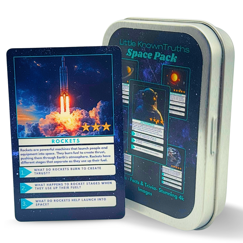 Space-themed card game with rocket ship illustration and 'Little Known Truths' branding