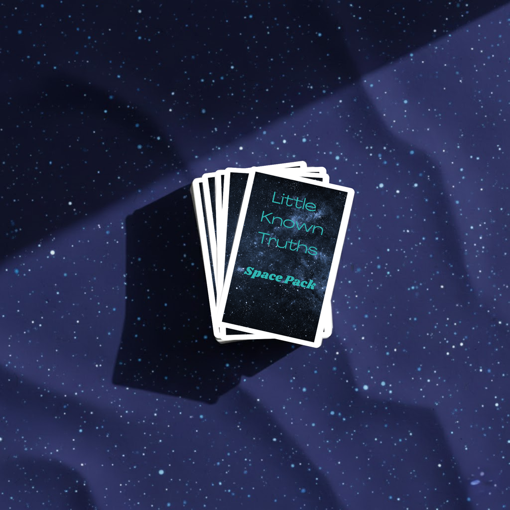 Card deck titled 'Little Known Truths Space Pack' on a starry night sky background