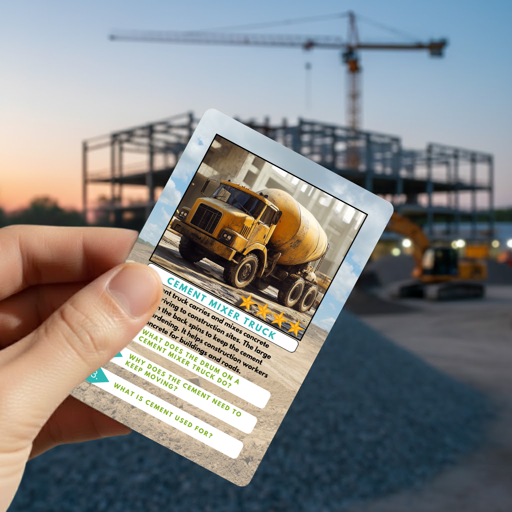 Hand holding a trading card with a cement mixer truck on a construction site background