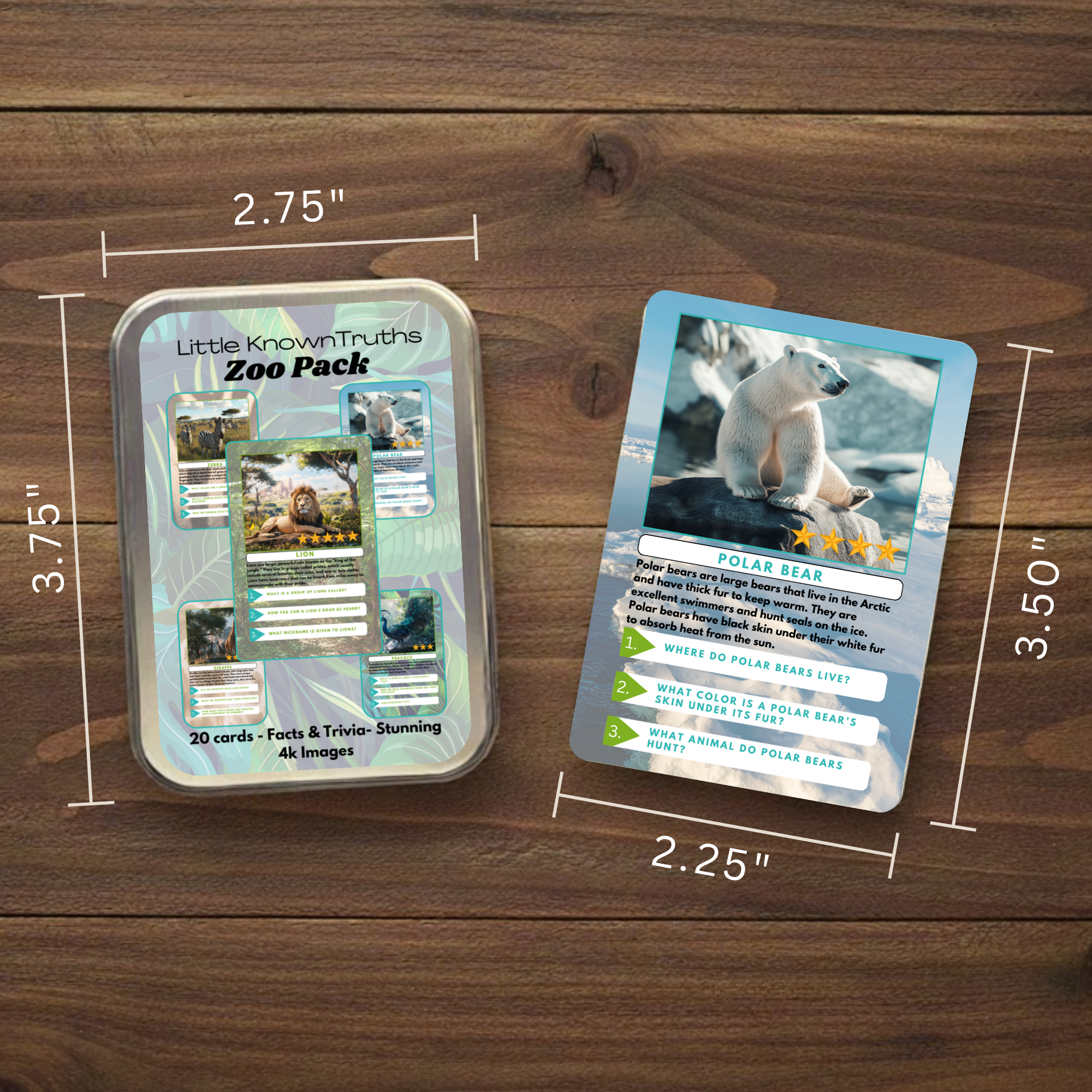 Zoo learning card pack with metal container and dimensions labeled on a wooden surface