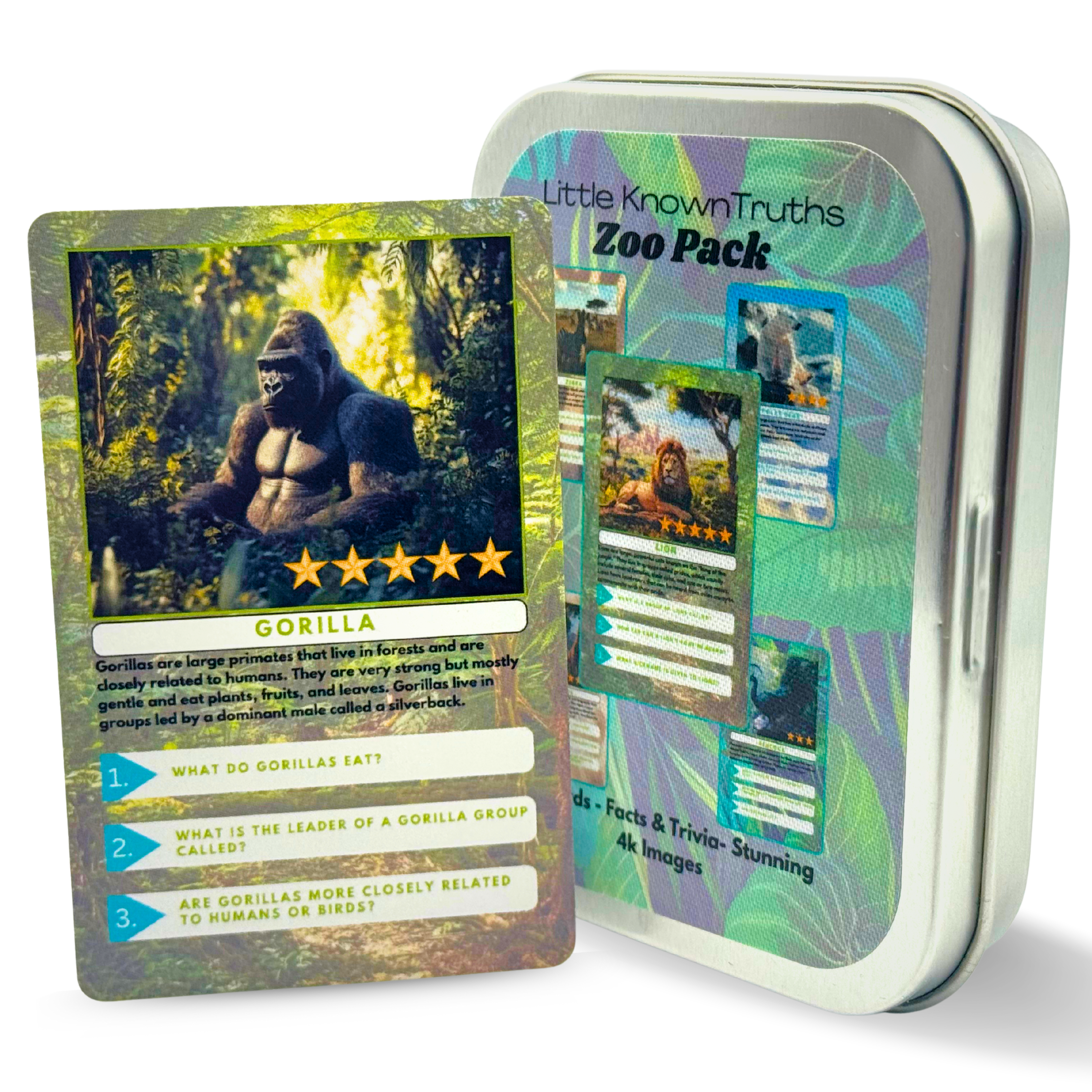 Card with gorilla illustration and 'Little Known Truths Zoo Pack' tin on a white background